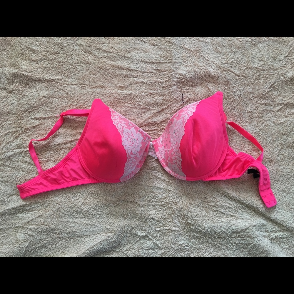 Pink and white lace bra